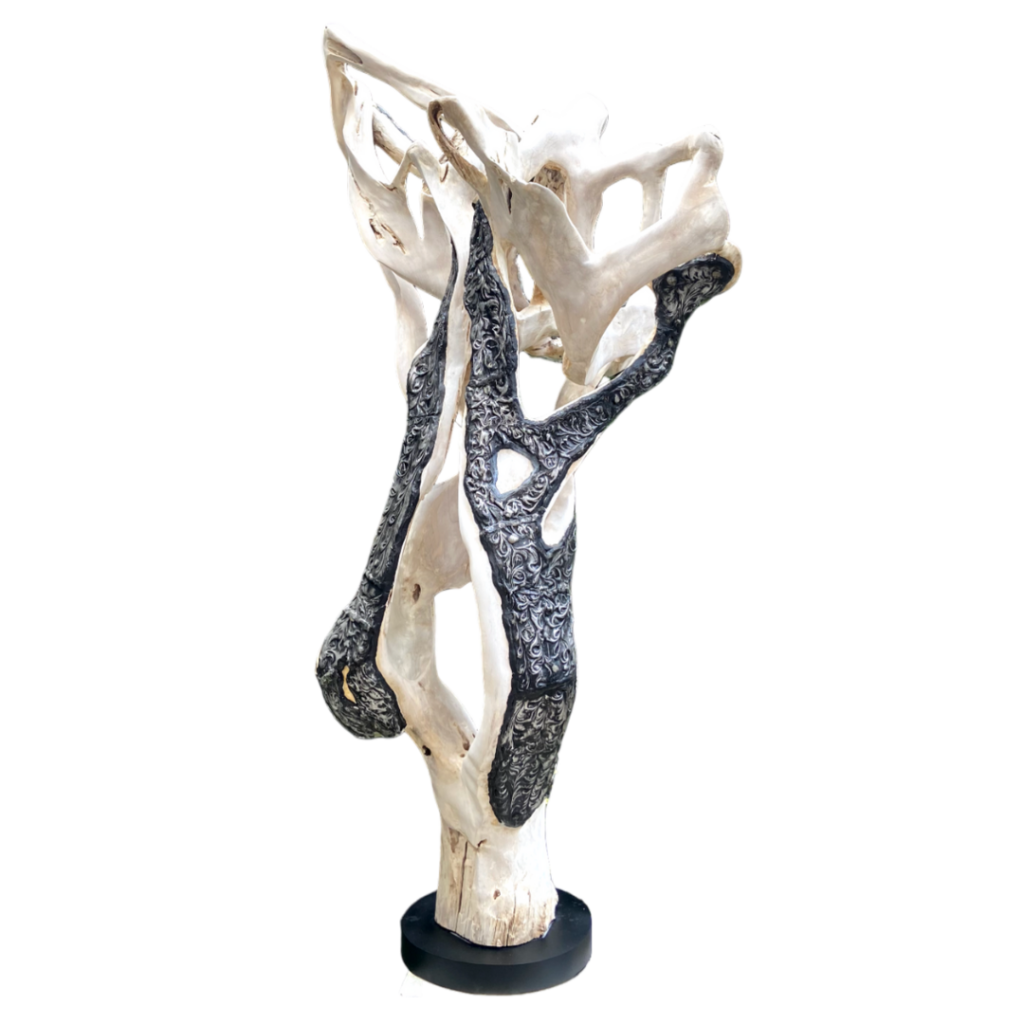 Eco-luxury mixed-material tabletop decor combining recycled industrial aluminum and rich organic Indonesian teak wood grain